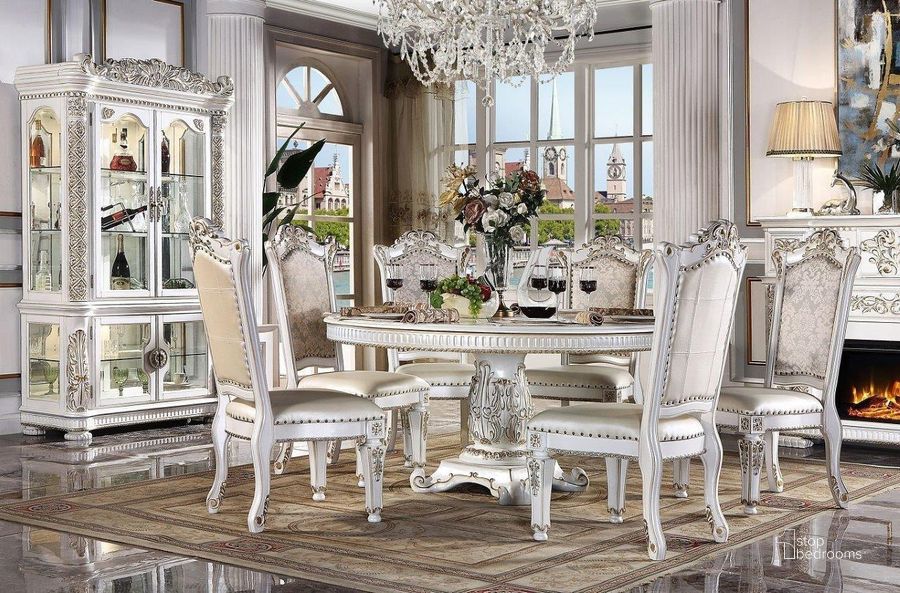 The appearance of Vendome Round Dining Room Set (Antique Pearl) designed by ACME in the transitional interior design. This antique pearl piece of furniture  was selected by 1StopBedrooms from Vendome Collection to add a touch of cosiness and style into your home. Sku: DN01222-1;DN01222-2;DN01222-3;DN01348. Table Base Style: Pedestal. Table Top Shape: Round. Material: Wood. Product Type: Dining Room Set. Image1