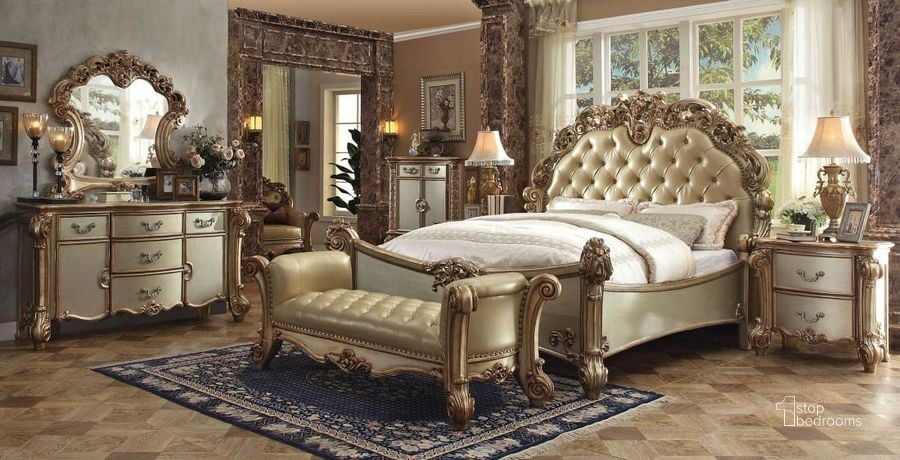The appearance of Acme Vendome Button Tufted Bedroom Set designed by ACME in the rustic / southwestern interior design. This gold patina piece of furniture  was selected by 1StopBedrooms from Vendome Collection to add a touch of cosiness and style into your home. Sku: 23000Q-HB;23001Q-FB;23002Q-R;23003. Bed Type: Panel Bed. Material: Wood. Product Type: Panel Bed. Bed Size: Queen. Image1
