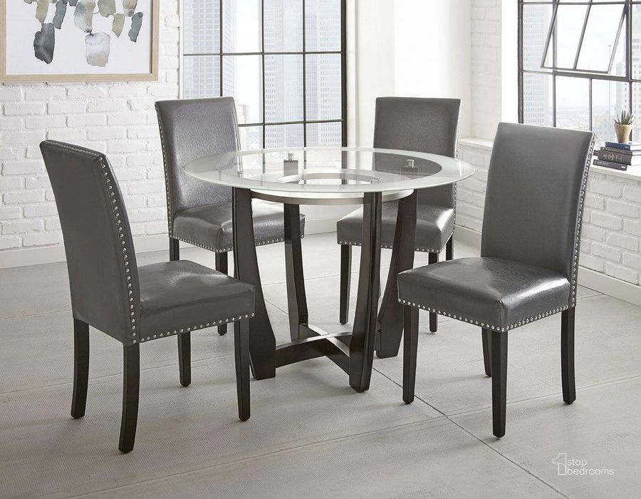 The appearance of Verano Dining Room Set With Gray Chairs designed by Steve Silver in the transitional interior design. This espresso gray piece of furniture  was selected by 1StopBedrooms from Verano Collection to add a touch of cosiness and style into your home. Sku: VR450T;VR450B;VR450SG. Table Base Style: Trestle. Table Top Shape: Round. Material: Wood. Product Type: Dining Room Set. Image1