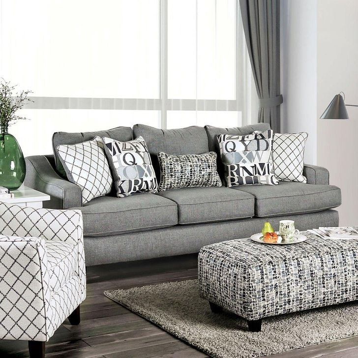 The appearance of Verne Sofa In Grey designed by Furniture of America in the transitional interior design. This grey piece of furniture  was selected by 1StopBedrooms from Verne Collection to add a touch of cosiness and style into your home. Sku: SM8330-SF. Material: Wood. Product Type: Sofa.