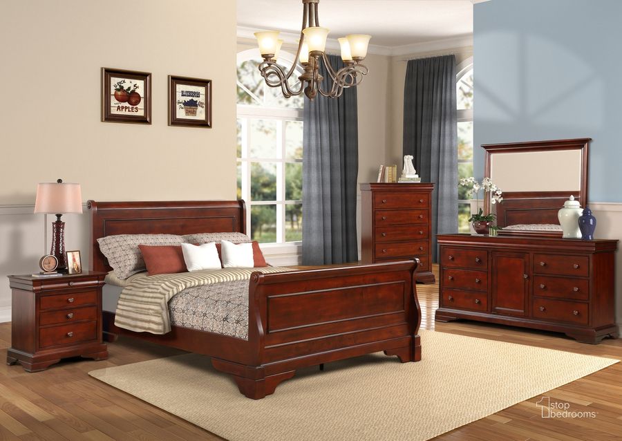 The appearance of Versaille Bordeaux Sleigh Bedroom Set designed by New Classic in the transitional interior design. This brown piece of furniture  was selected by 1StopBedrooms from Versaille Collection to add a touch of cosiness and style into your home. Sku: BH1040-310;BH1040-320;BH1040-330;BH1040-040. Bed Type: Sleigh Bed. Material: Wood. Product Type: Sleigh Bed. Bed Size: Queen. Image1
