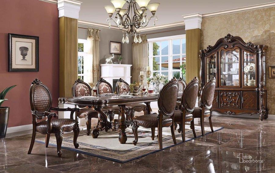 The appearance of Versailles 120 Inch Dining Room Set With Oval Back Chairs (Cherry Oak) designed by ACME in the rustic / southwestern interior design. This cherry oak piece of furniture  was selected by 1StopBedrooms from Versailles Collection to add a touch of cosiness and style into your home. Sku: 61100T;61101ST;DN01392. Material: Wood. Product Type: Dining Room Set. Table Top Shape: Rectangular. Image1