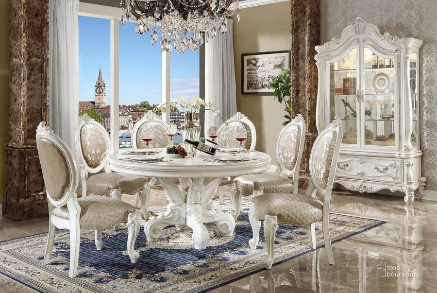 The appearance of Versailles Round Dining Room Set designed by ACME in the transitional interior design. This bone white piece of furniture  was selected by 1StopBedrooms from Versailles Collection to add a touch of cosiness and style into your home. Sku: DN01388-1;DN01388-2;DN01389. Table Base Style: Pedestal. Table Top Shape: Round. Material: Wood. Product Type: Dining Room Set. Image1