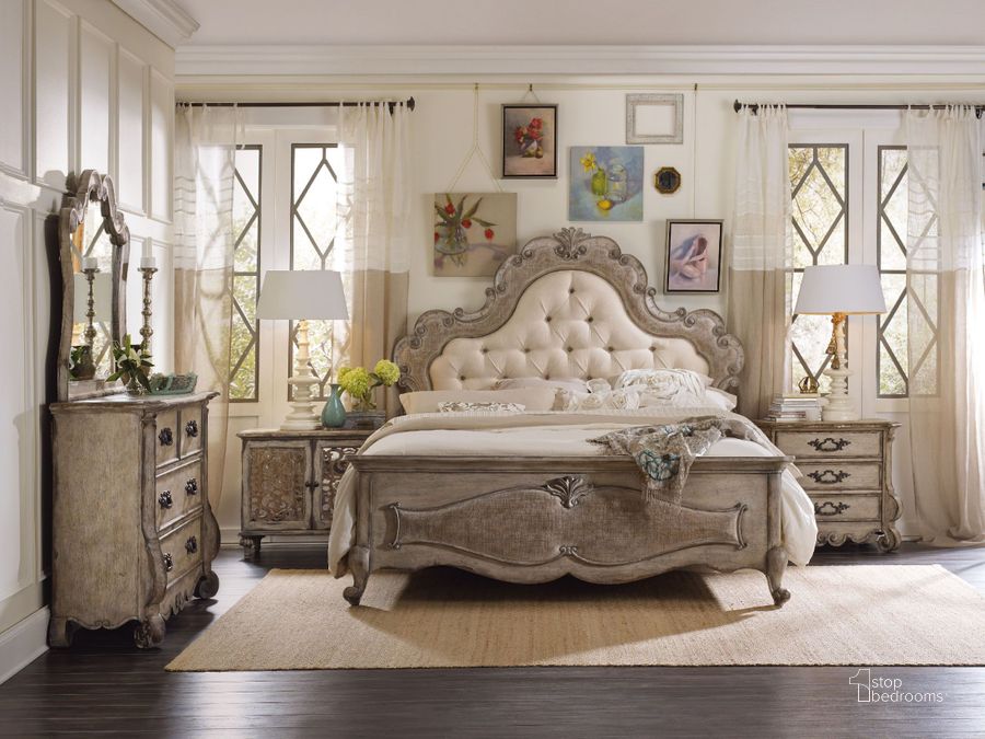 The appearance of Chatelet Beige And Antique Linen upholstered Panel Bedroom Set designed by Hooker in the traditional interior design. This beige piece of furniture  was selected by 1StopBedrooms from Chatelet Collection to add a touch of cosiness and style into your home. Sku: 5450-90851;5450-90852;5450-90853;5300-90016. Bed Type: Panel Bed. Material: Wood. Product Type: Panel Bed. Bed Size: Queen. Image1