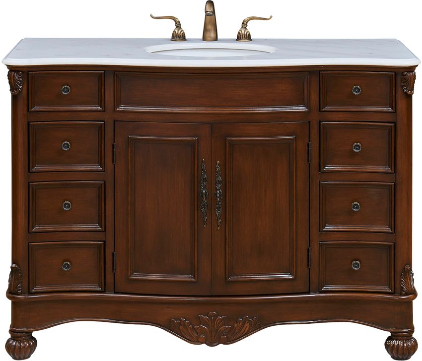 The appearance of Windsor 48" Teak Color Single Vanity Set designed by Elegant Lighting in the transitional interior design. This brown piece of furniture  was selected by 1StopBedrooms from Windsor Collection to add a touch of cosiness and style into your home. Sku: VF-1034. Material: MDF. Product Type: Bathroom Vanity. Image1
