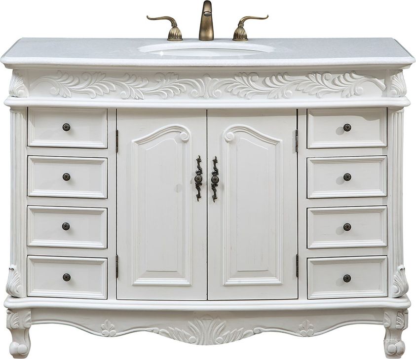 The appearance of Bordeaux 48" Antique White Single Vanity Set designed by Elegant Lighting in the transitional interior design. This white piece of furniture  was selected by 1StopBedrooms from Bordeaux Collection to add a touch of cosiness and style into your home. Sku: VF-1039. Material: MDF. Product Type: Bathroom Vanity. Image1