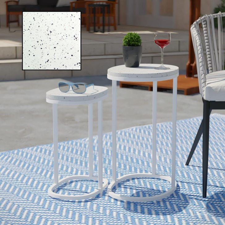 The appearance of Vicanno Terrazzo Outdoor Nesting Tables Set of 2 designed by SEI Furniture in the modern / contemporary interior design. This white piece of furniture  was selected by 1StopBedrooms from Vicanno Collection to add a touch of cosiness and style into your home. Sku: OD1089804. Material: Steel. Product Type: Outdoor Table. Image1