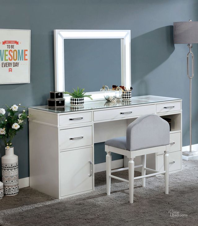 The appearance of Vickie Vanity Set In White designed by Furniture of America in the glam interior design. This white piece of furniture  was selected by 1StopBedrooms from Vickie Collection to add a touch of cosiness and style into your home. Sku: FOA-DK5684WH-1;FOA-DK5684WH-2;FOA-DK5684WH-3. Material: Wood. Product Type: Vanity Set. Image1