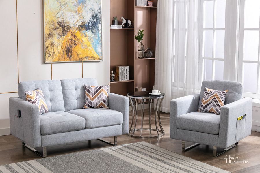 The appearance of Victoria Light Gray Linen Fabric Loveseat Chair Living Room Set designed by Lilola Home in the modern / contemporary interior design. This light gray piece of furniture  was selected by 1StopBedrooms from Victoria Collection to add a touch of cosiness and style into your home. Sku: 88865LG. Product Type: Living Room Set. Material: Linen. Image1