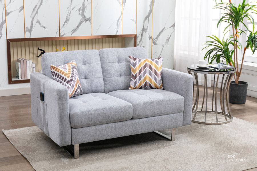 The appearance of Victoria Light Gray Linen Fabric Loveseat designed by Lilola Home in the modern / contemporary interior design. This light gray piece of furniture  was selected by 1StopBedrooms from Victoria Collection to add a touch of cosiness and style into your home. Sku: 88865LG-L. Product Type: Loveseat. Material: Linen. Image1