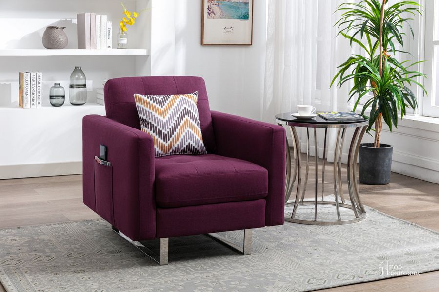 The appearance of Victoria Purple Linen Fabric Armchair designed by Lilola Home in the modern / contemporary interior design. This purple piece of furniture  was selected by 1StopBedrooms from Victoria Collection to add a touch of cosiness and style into your home. Sku: 88865PE-C. Product Type: Arm Chair. Material: Linen. Image1