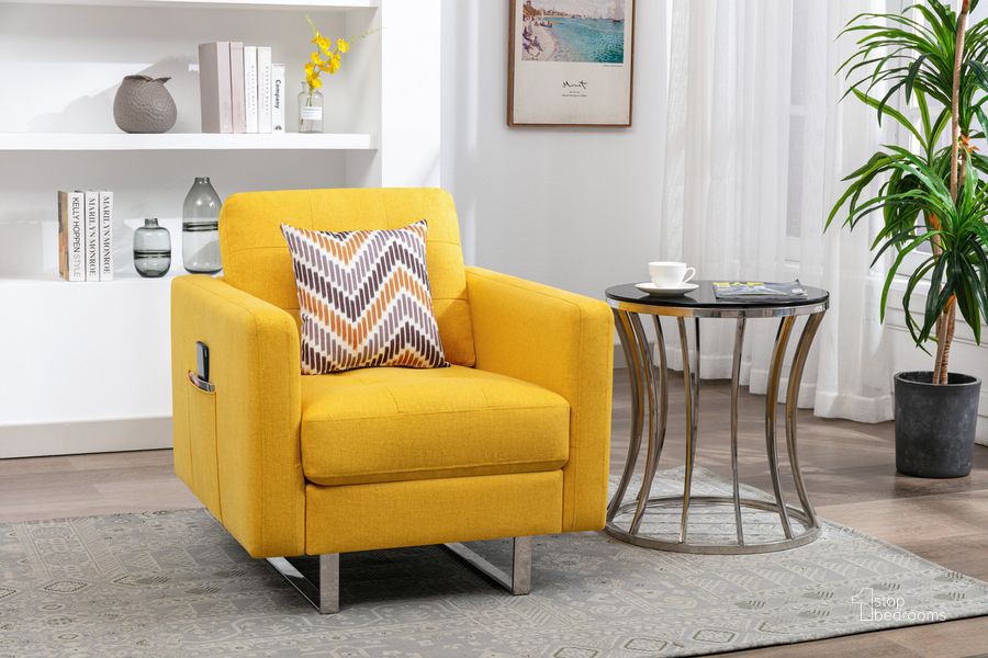 The appearance of Victoria Yellow Linen Fabric Armchair designed by Lilola Home in the modern / contemporary interior design. This yellow piece of furniture  was selected by 1StopBedrooms from Victoria Collection to add a touch of cosiness and style into your home. Sku: 88865YW-C. Product Type: Arm Chair. Material: Linen. Image1