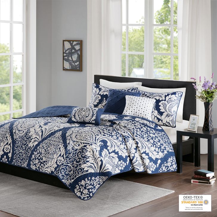 The appearance of Vienna Cotton Printed 6Pcs Queen Coverlet Set In Indigo designed by Olliix in the transitional interior design. This indigo piece of furniture  was selected by 1StopBedrooms from Vienna Collection to add a touch of cosiness and style into your home. Sku: MP13-5578. Bed Size: Queen. Material: Cotton. Product Type: Duvet Set. Image1