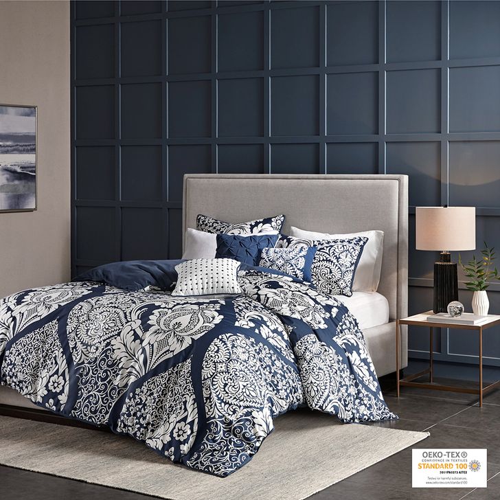 The appearance of Vienna Cotton Printed 6Pcs Queen Duvet Cover Set In Indigo designed by Olliix in the transitional interior design. This indigo piece of furniture  was selected by 1StopBedrooms from Vienna Collection to add a touch of cosiness and style into your home. Sku: MP12-3832. Material: Polyester. Bed Size: Queen. Product Type: Duvet Set. Image1