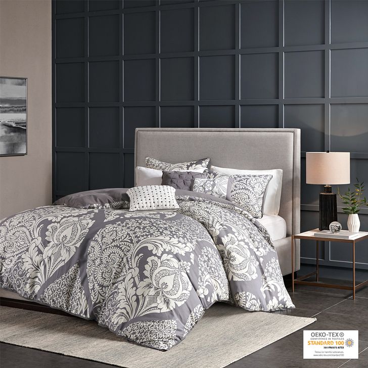 The appearance of Vienna Cotton Printed 6Pcs Queen Duvet Set In Grey designed by Olliix in the transitional interior design. This grey piece of furniture  was selected by 1StopBedrooms from Vienna Collection to add a touch of cosiness and style into your home. Sku: MP12-476. Bed Size: Queen. Material: Cotton. Product Type: Duvet Set. Image1