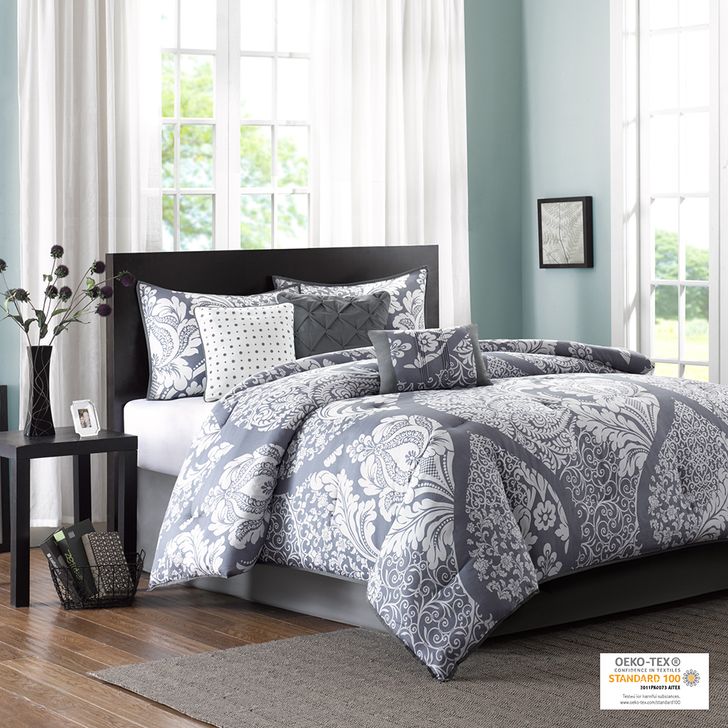 The appearance of Vienna Cotton Printed 7Pcs Queen Comforter Set In Grey designed by Olliix in the transitional interior design. This grey piece of furniture  was selected by 1StopBedrooms from Vienna Collection to add a touch of cosiness and style into your home. Sku: MP10-501. Bed Size: Queen. Material: Cotton. Product Type: Comforter Set. Image1