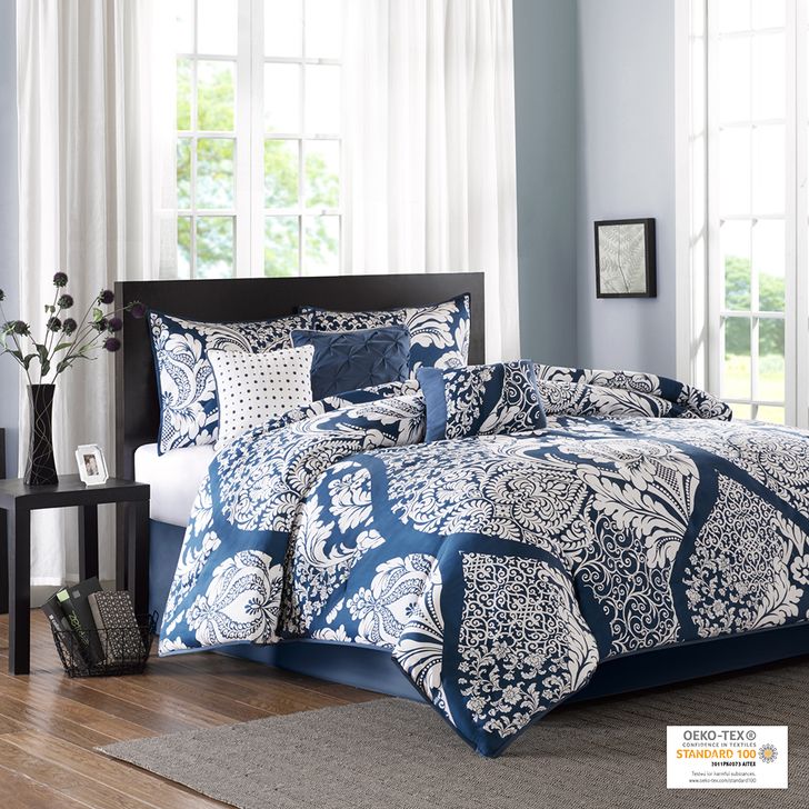 The appearance of Vienna Cotton Printed 7Pcs Queen Comforter Set In Indigo designed by Olliix in the transitional interior design. This indigo piece of furniture  was selected by 1StopBedrooms from Vienna Collection to add a touch of cosiness and style into your home. Sku: MP10-3829. Material: Polyester. Bed Size: Queen. Product Type: Comforter Set. Image1
