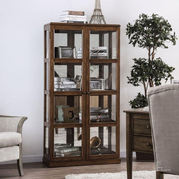 The appearance of Vilas Curio Cabinet In Oak designed by Furniture of America in the transitional interior design. This oak piece of furniture  was selected by 1StopBedrooms from Vilas Collection to add a touch of cosiness and style into your home. Sku: CM-CR140A. Material: Wood. Product Type: Curio Cabinet.