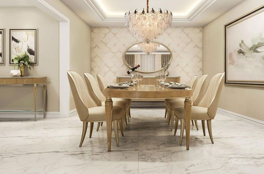 The appearance of Villa Cherie Caramel Oval Dining Room Set designed by AICO in the transitional interior design. This caramel piece of furniture  was selected by 1StopBedrooms from Villa Collection to add a touch of cosiness and style into your home. Sku: N9008000-134;N9008003-134. Table Base Style: Legs. Table Top Shape: Oval. Material: Wood. Product Type: Dining Room Set. Size: 124". Image1