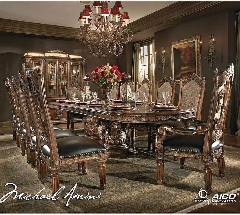 The appearance of Villa Valencia Rectangular Dining Room Set designed by AICO in the traditional interior design. This chestnut piece of furniture  was selected by 1StopBedrooms from Villa Valencia Collection to add a touch of cosiness and style into your home. Sku: 72002B-55;72002BP-55;72002T-55;72003-55. Table Base Style: Trestle. Material: Leather. Product Type: Dining Room Set. Table Top Shape: Rectangular. Image1