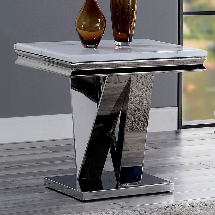 The appearance of Villarsglane End Table In Chrome designed by Furniture of America in the glam interior design. This chrome piece of furniture  was selected by 1StopBedrooms from Villarsglane Collection to add a touch of cosiness and style into your home. Sku: CM4284E-1;CM4284E-2;CM4284E-3. Product Type: End Table. Material: Stainless Steel. Image1
