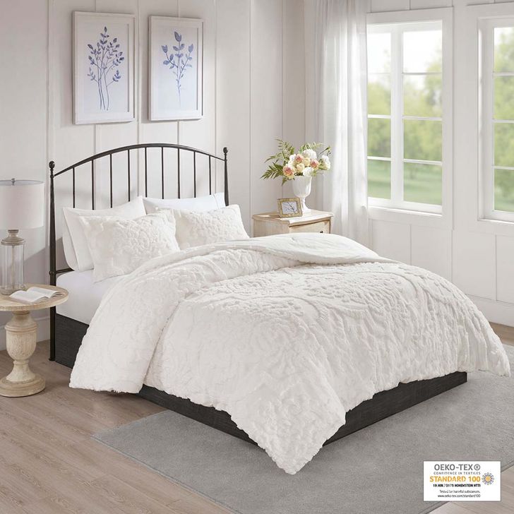 The appearance of Viola Cotton Chenille Tufted Queen Comforter Set In Off White designed by Olliix in the modern / contemporary interior design. This off white piece of furniture  was selected by 1StopBedrooms from Viola Collection to add a touch of cosiness and style into your home. Sku: MP10-6015. Material: Polyester. Bed Size: Queen. Product Type: Comforter Set. Image1