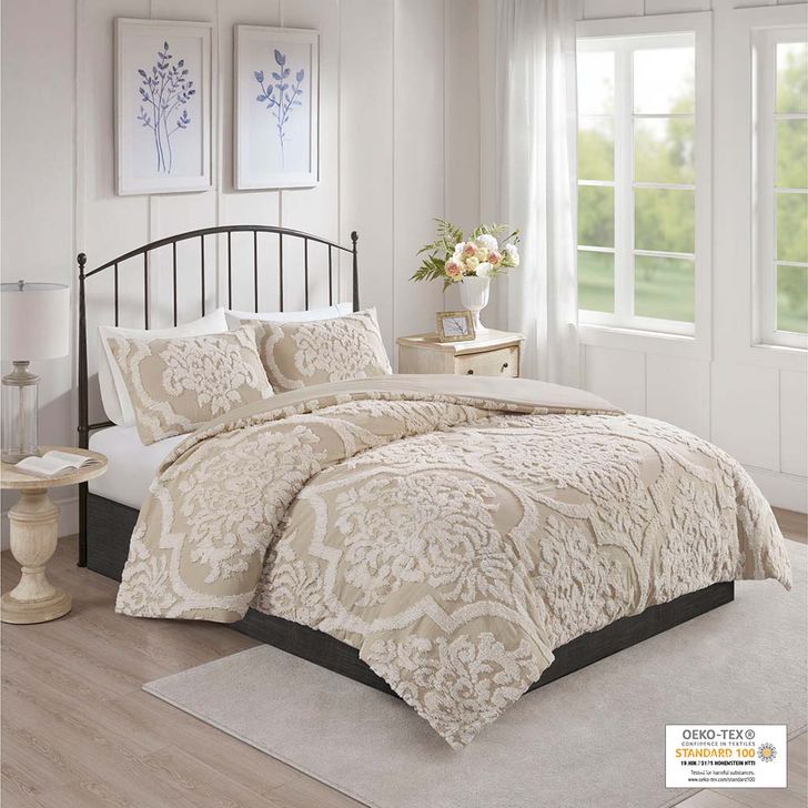 The appearance of Viola Cotton Tufted Queen Comforter Set In Taupe designed by Olliix in the modern / contemporary interior design. This taupe piece of furniture  was selected by 1StopBedrooms from Viola Collection to add a touch of cosiness and style into your home. Sku: MP10-7102. Material: Polyester. Bed Size: Queen. Product Type: Comforter Set. Image1