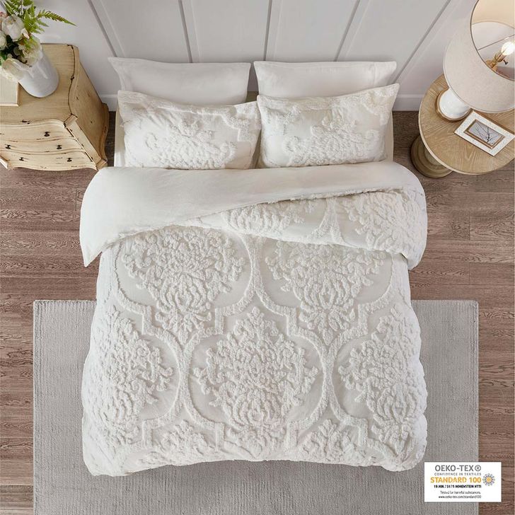 The appearance of Viola Cotton Tufted King Duvet Cover Set In Off White designed by Olliix in the modern / contemporary interior design. This off white piece of furniture  was selected by 1StopBedrooms from Viola Collection to add a touch of cosiness and style into your home. Sku: MP12-6208. Bed Size: King. Material: Cotton. Product Type: Duvet Cover Set. Image1