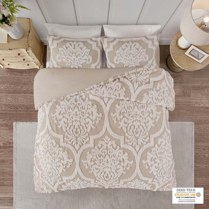 The appearance of Viola Cotton Tufted Queen Duvet Cover Set In Taupe designed by Olliix in the modern / contemporary interior design. This taupe piece of furniture  was selected by 1StopBedrooms from Viola Collection to add a touch of cosiness and style into your home. Sku: MP12-7104. Bed Size: Queen. Material: Cotton. Product Type: Duvet Cover Set. Image1