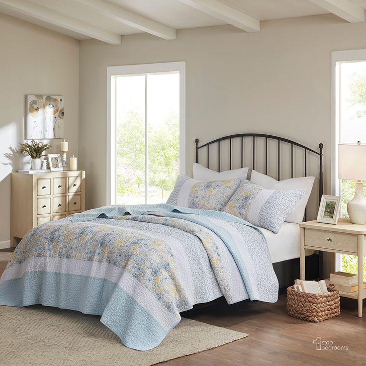 The appearance of Violet Cotton Printed King Coverlet Set In Aqua/Yellow designed by Olliix in the country / farmhouse interior design. This aqua/yellow piece of furniture  was selected by 1StopBedrooms from Violet Collection to add a touch of cosiness and style into your home. Sku: MP13-7733. Material: Polyester. Bed Size: King. Product Type: Coverlet Set. Image1