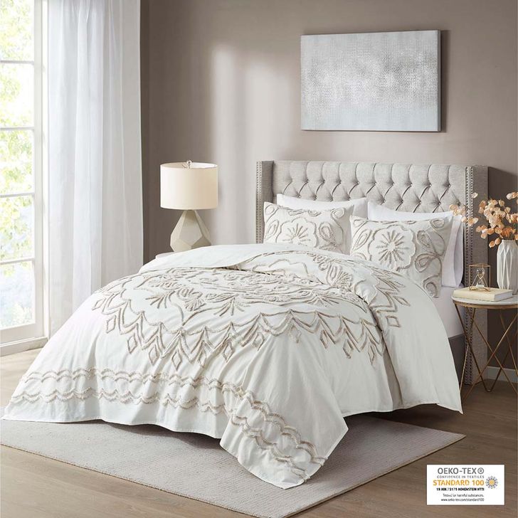 The appearance of Violette Cotton Tufted King Coverlet Set In Ivory/Taupe designed by Olliix in the modern / contemporary interior design. This ivory/taupe piece of furniture  was selected by 1StopBedrooms from Violette Collection to add a touch of cosiness and style into your home. Sku: MP13-7145. Bed Size: King. Material: Cotton. Product Type: Coverlet Set. Image1