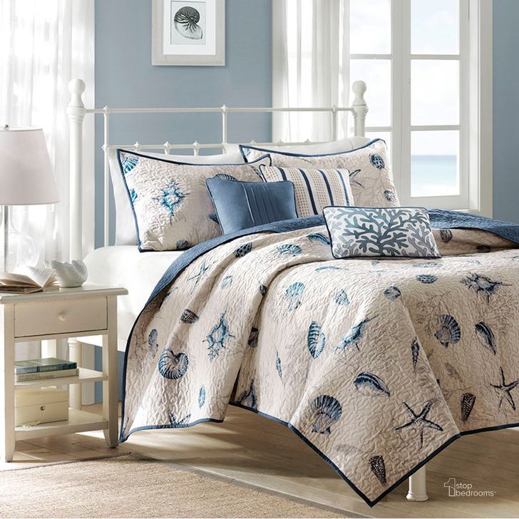 The appearance of Violette Polyester Microfiber Brushed Printed King Coverlet 6Pcs Set In Blue designed by Olliix in the coastal interior design. This blue piece of furniture  was selected by 1StopBedrooms from Bayside Collection to add a touch of cosiness and style into your home. Sku: MP13-375. Material: Polyester. Bed Size: King. Product Type: Coverlet Set. Image1
