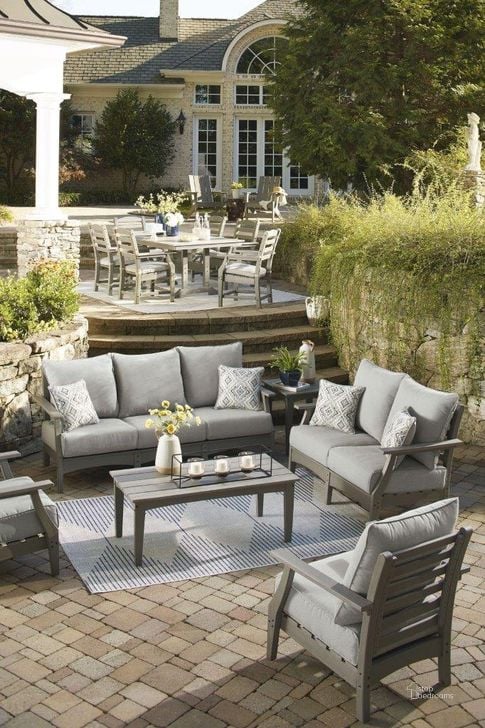 The appearance of Visola Gray Outdoor Conversation Set designed by Signature Design by Ashley in the transitional interior design. This gray piece of furniture  was selected by 1StopBedrooms from Visola Collection to add a touch of cosiness and style into your home. Sku: P802-838;P802-835. Material: Fabric. Product Type: Outdoor Conversation Set. Image1