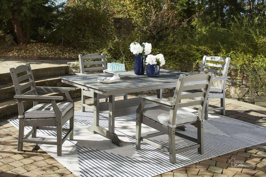 The appearance of Visola Gray Outdoor Rectangular Dining Room Set designed by Signature Design by Ashley in the transitional interior design. This gray piece of furniture  was selected by 1StopBedrooms from Visola Collection to add a touch of cosiness and style into your home. Sku: P802-625;P802-601A. Material: Fabric. Table Top Shape: Rectangular. Product Type: Outdoor Dining Set. Image1