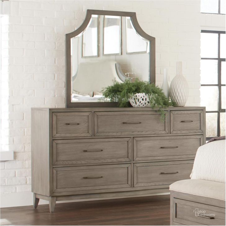 The appearance of Vogue Gray Wash Arch Mirror designed by Riverside Furniture in the transitional interior design. This brown piece of furniture  was selected by 1StopBedrooms from Vogue Collection to add a touch of cosiness and style into your home. Sku: 46161. Product Type: Dresser Mirror. Image1