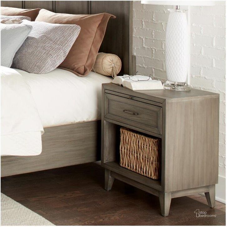 The appearance of Vogue Gray Wash Drawer Nightstand designed by Riverside Furniture in the transitional interior design. This brown piece of furniture  was selected by 1StopBedrooms from Vogue Collection to add a touch of cosiness and style into your home. Sku: 46168. Product Type: Nightstand. Image1