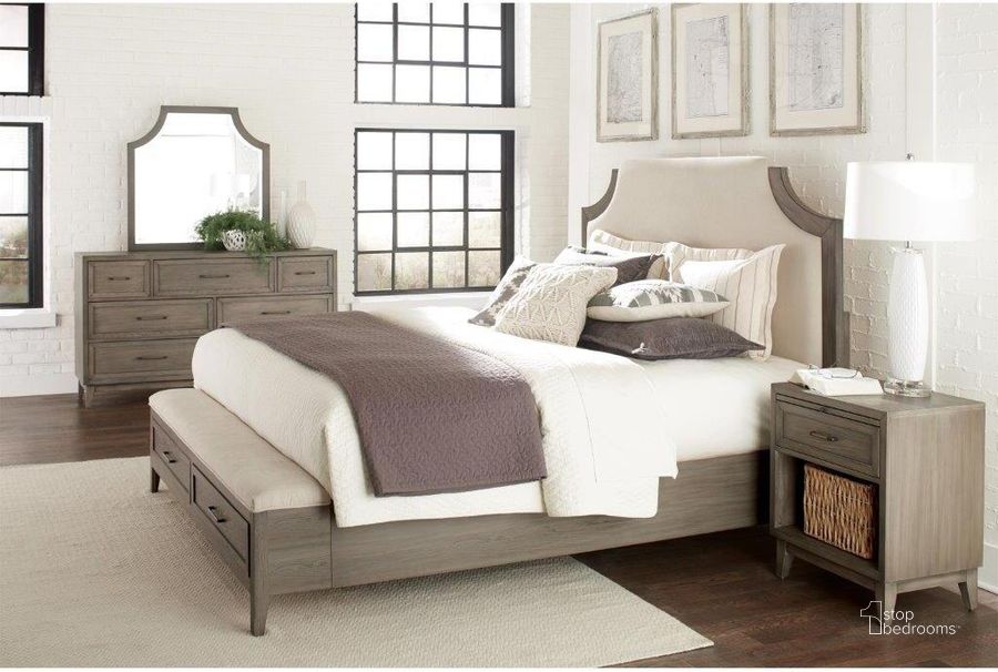 The appearance of Vogue Gray Wash Queen Upholstered Panel Storage Bed designed by Riverside Furniture in the transitional interior design. This brown piece of furniture  was selected by 1StopBedrooms from Vogue Collection to add a touch of cosiness and style into your home. Sku: 46170;46172;46173. Bed Type: Storage Bed. Product Type: Storage Bed. Bed Size: Queen. Image1