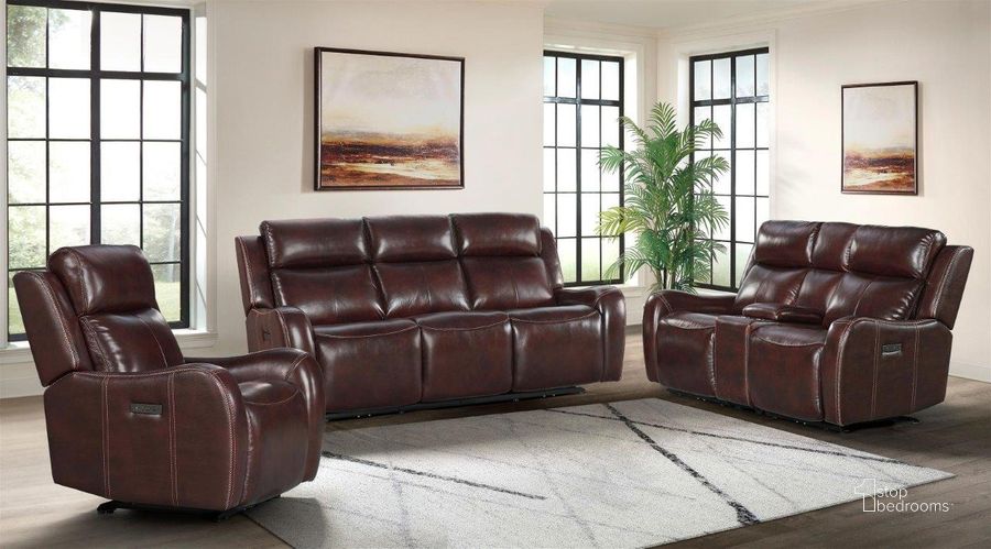 The appearance of Wainwright Reddish Brown Dual Power Reclining Living Room Set designed by Intercon in the transitional interior design. This brown piece of furniture  was selected by 1StopBedrooms from Wainwright Collection to add a touch of cosiness and style into your home. Sku: WW-SF-387DPR-RBN-C;WW-LS-276DPR-RBN-C. Product Type: Living Room Set. Image1
