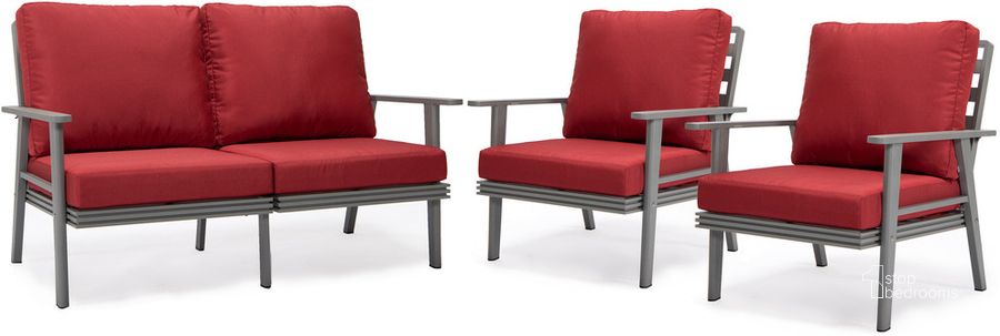 The appearance of Walbrooke 3 Piece Outdoor Patio Set In Red designed by LeisureMod in the modern / contemporary interior design. This red piece of furniture  was selected by 1StopBedrooms from Walbrooke Collection to add a touch of cosiness and style into your home. Sku: WGR-57-31R. Material: Aluminum. Product Type: Outdoor Conversation Set. Image1
