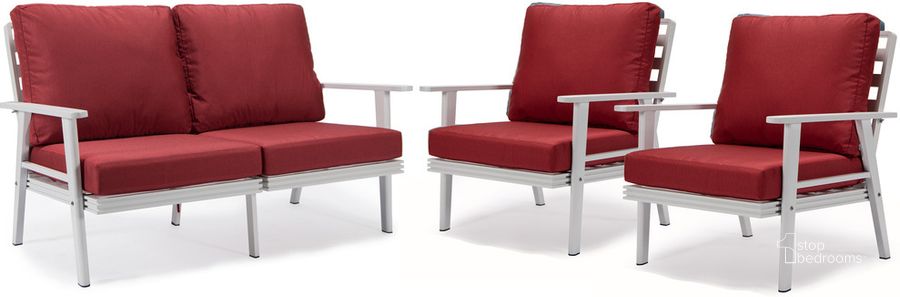 The appearance of Walbrooke 3 Piece Outdoor Patio Set In Red designed by LeisureMod in the modern / contemporary interior design. This red piece of furniture  was selected by 1StopBedrooms from Walbrooke Collection to add a touch of cosiness and style into your home. Sku: WW-57-31R. Material: Aluminum. Product Type: Outdoor Conversation Set. Image1