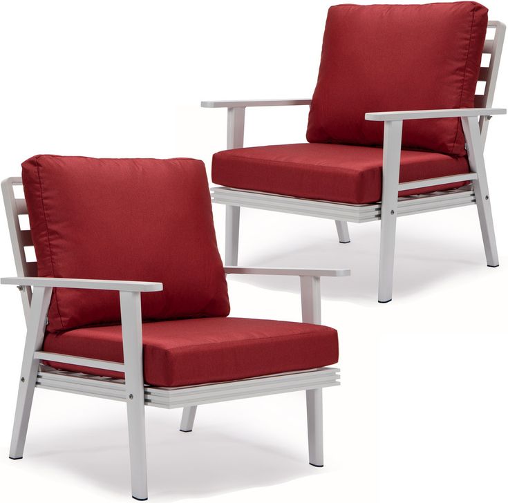 The appearance of Walbrooke Outdoor Patio Arm Chairs With Cushions Set of 2 In Red designed by LeisureMod in the modern / contemporary interior design. This red piece of furniture  was selected by 1StopBedrooms from Walbrooke Collection to add a touch of cosiness and style into your home. Sku: WW-31-27R2. Material: Aluminum. Product Type: Outdoor Chair. Image1