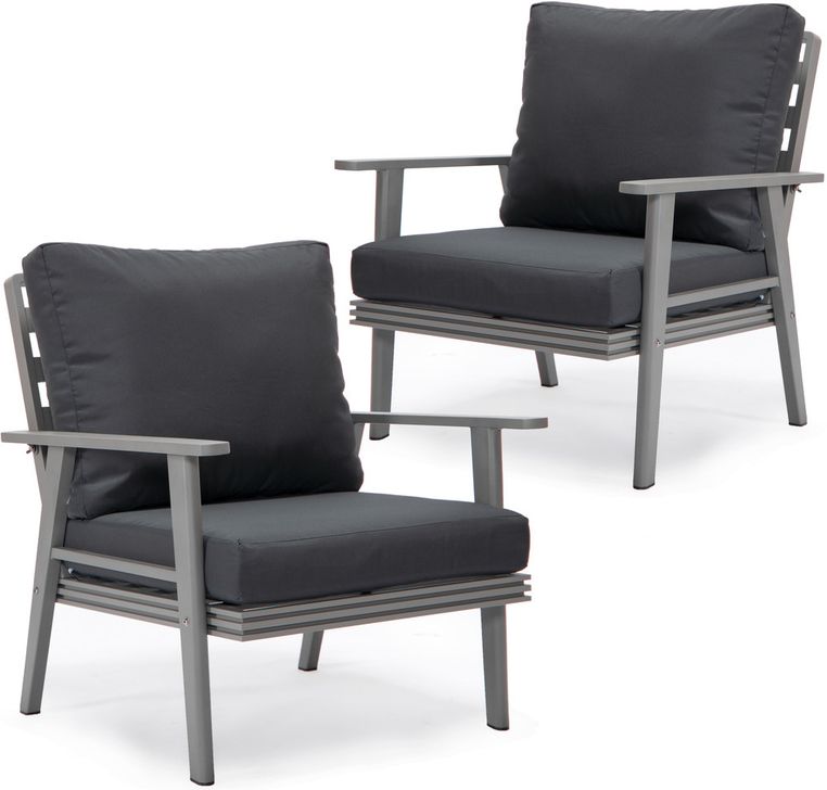The appearance of Walbrooke Patio Arm Chair Set of 2 In Charcoal designed by LeisureMod in the modern / contemporary interior design. This charcoal piece of furniture  was selected by 1StopBedrooms from Walbrooke Collection to add a touch of cosiness and style into your home. Sku: WGR-31-27CH2. Material: Aluminum. Product Type: Outdoor Chair. Image1