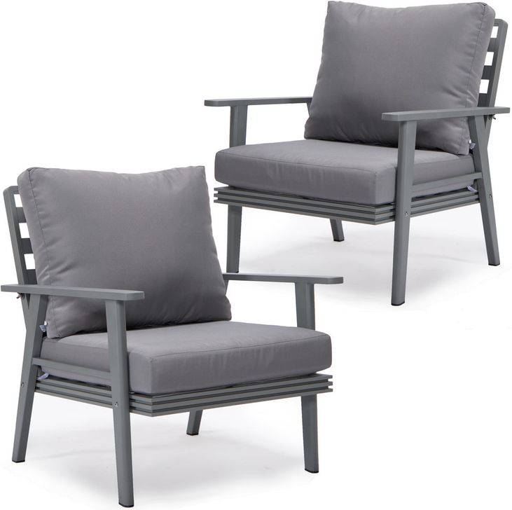 The appearance of Walbrooke Patio Arm Chair Set of 2 In Grey designed by LeisureMod in the modern / contemporary interior design. This grey piece of furniture  was selected by 1StopBedrooms from Walbrooke Collection to add a touch of cosiness and style into your home. Sku: WGR-31-27GR2. Material: Aluminum. Product Type: Outdoor Chair. Image1