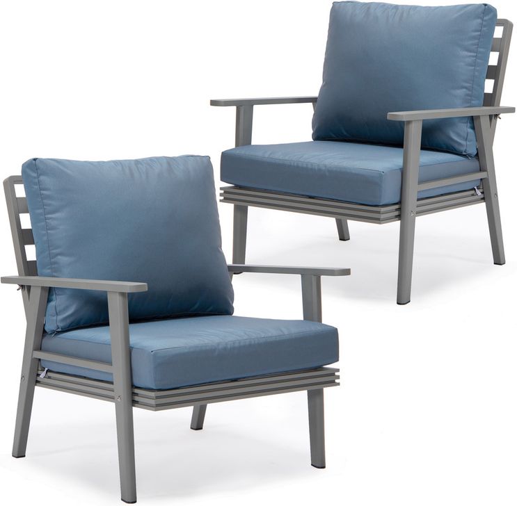 The appearance of Walbrooke Patio Arm Chair Set of 2 In Navy Blue designed by LeisureMod in the modern / contemporary interior design. This navy blue piece of furniture  was selected by 1StopBedrooms from Walbrooke Collection to add a touch of cosiness and style into your home. Sku: WGR-31-27NBU2. Material: Aluminum. Product Type: Outdoor Chair. Image1