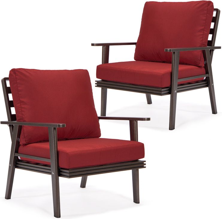 The appearance of Walbrooke Patio Arm Chair Set of 2 In Red designed by LeisureMod in the modern / contemporary interior design. This red piece of furniture  was selected by 1StopBedrooms from Walbrooke Collection to add a touch of cosiness and style into your home. Sku: WBR-31-27R2. Material: Aluminum. Product Type: Outdoor Chair. Image1