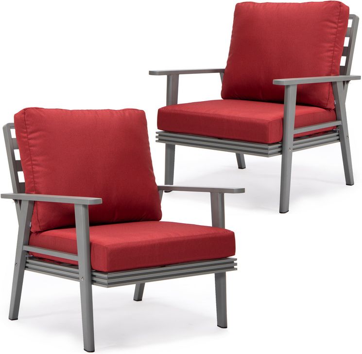 The appearance of Walbrooke Patio Arm Chair Set of 2 In Red designed by LeisureMod in the modern / contemporary interior design. This red piece of furniture  was selected by 1StopBedrooms from Walbrooke Collection to add a touch of cosiness and style into your home. Sku: WGR-31-27R2. Material: Aluminum. Product Type: Outdoor Chair. Image1