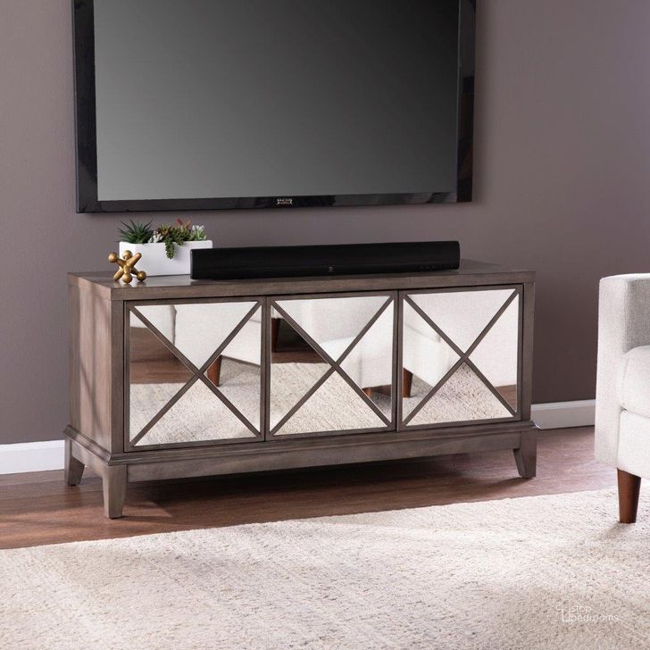 The appearance of Wallaston Mirrored Media Cabinet designed by SEI Furniture in the transitional interior design. This light brown piece of furniture  was selected by 1StopBedrooms from Wallaston Collection to add a touch of cosiness and style into your home. Sku: MS1099613. Material: Wood. Product Type: Media Console. Image1