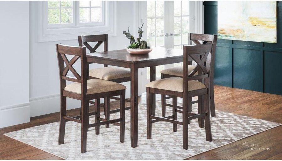The appearance of Walnut Creek 5 Pack Dining Set Counter Height Table With 4 Stools designed by Jofran in the transitional interior design. This walnut piece of furniture  was selected by 1StopBedrooms from Walnut Creek Collection to add a touch of cosiness and style into your home. Sku: 1876. Material: Wood. Product Type: Dining Room Set. Image1