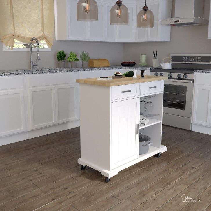 The appearance of Warkin Rolling Kitchen Island With Storage designed by SEI Furniture in the transitional interior design. This white and natural piece of furniture  was selected by 1StopBedrooms from Warkin Collection to add a touch of cosiness and style into your home. Sku: KA1133961. Material: Wood. Product Type: Kitchen Island. Image1
