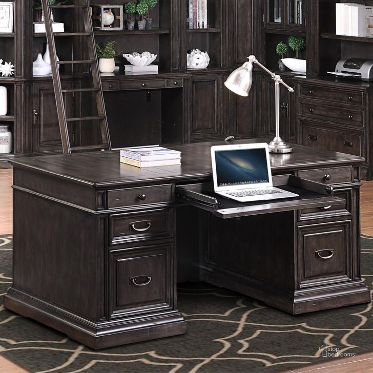 The appearance of Washington Heights Washed Charcoal Double Pedestal Executive Desk designed by Parker House in the transitional interior design. This brown piece of furniture  was selected by 1StopBedrooms from Washington Heights Collection to add a touch of cosiness and style into your home. Sku: WAS#480;WAS#481;WAS#482. Material: Wood. Product Type: Writing Desk. Image1